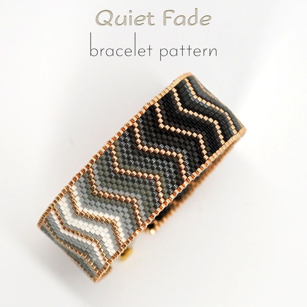 Miyuki Delica pattern for peyoted bracelet with geometric zigzag design in shades of grey and modest but shiny accents of black and gold