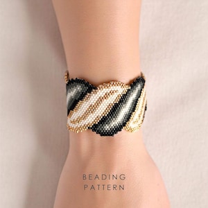 Art Deco Perlenarmband Muster, schwarz & gold Spiralarmreif mit Ombre Schriftrollen, Peyote und Ziegel Stich Design für Fortgeschrittene
