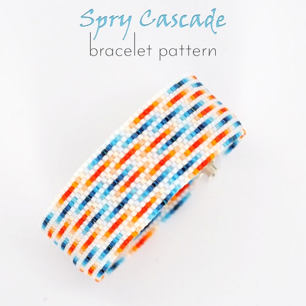 Pdf pattern for peyoted bracelet with visual effect of floating, moving stripes in catchy blue and orange colors. Delicate gift from sister.