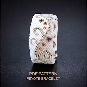 Peyote bracelet pattern – floral vine white & silver wedding jewelry / PDF pattern