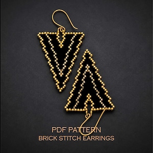 Golden arrow brick stitch earrings pattern - black & gold V-shape edgy beading project (PDF download)