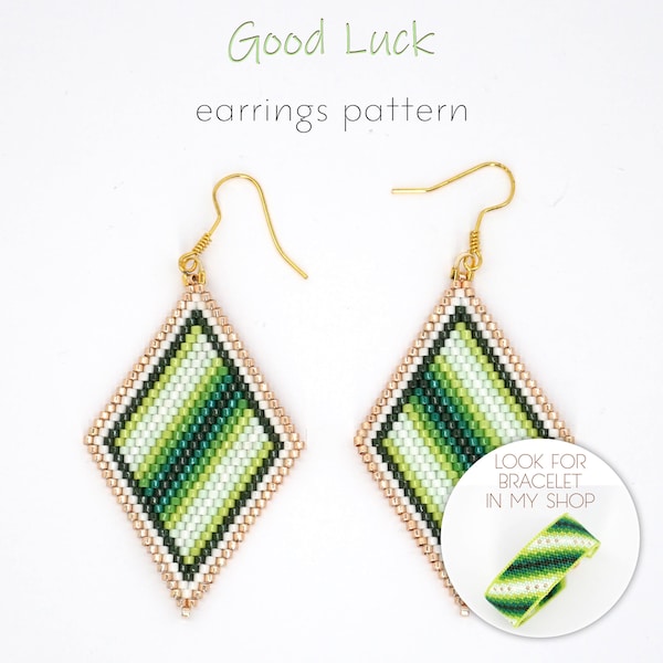 Miyuki Delica pattern for brick stitch earrings with green ombre shades that symbolizes life and luck. Perfect for St. Patrick's Day.