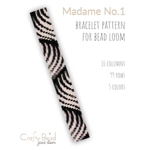 May include: A bead loom bracelet pattern titled Madame No.1 featuring a black, white, and gray geometric curved design. The text specifies 16 columns, 99 rows, and 5 colors. The Crafty Bead goes loom logo is visible at the bottom left corner.