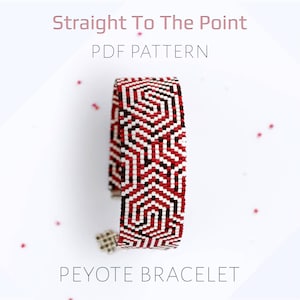 Geometric Peyote Bracelet Pattern with a 3D Labyrinth Design, a Modern Op Art Cuff in Red Black and White, Hypnotic PDF Pattern