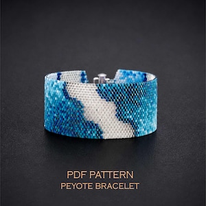 アークティックブルーのカフ用オーシャンウェーブペヨーテパターン、アイシーオンブルビーズ織りチャート、ウィンターシージュエリーデザインPDF
