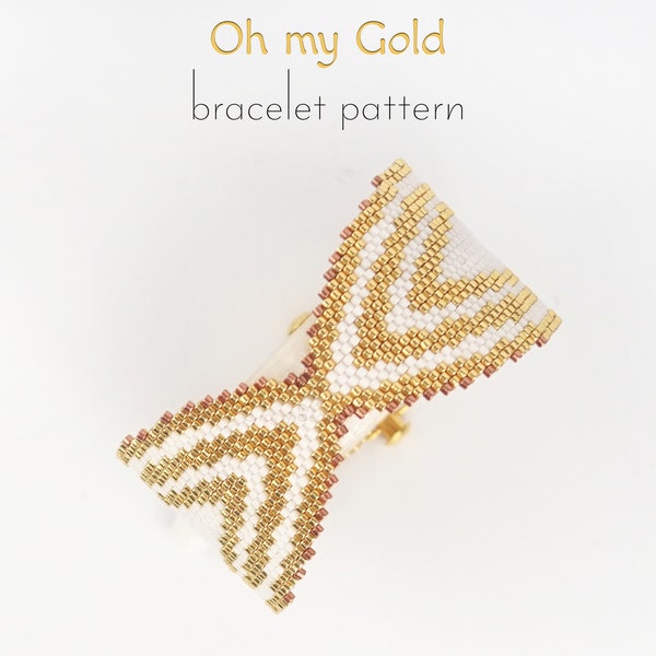 Modèle numérique pour élégant bracelet peyote en forme de brick stitch. Fantaisie et design original avec des perles blanches et dorées classiques