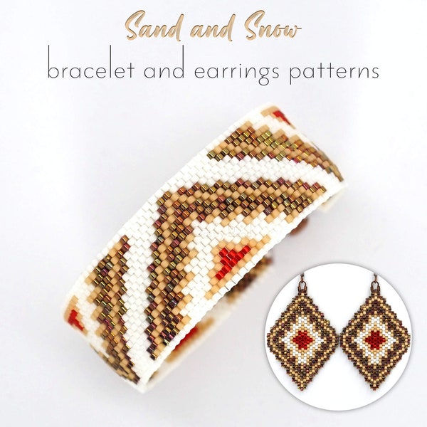 Set of Miyuki Delica beaded bracelet and earrings patterns in native style and organic colors. Bohemian, cozy design as a gift from mother.