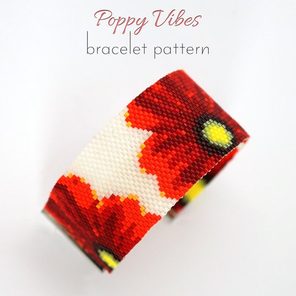 Delica pattern for beaded bracelet with dazzling and vibrant poppies. Outstanding and timeless red flowers for casual and everyday wear.