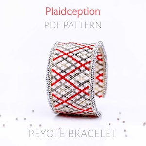 Modern Plaid Peyote Pattern for Red & Silver Tartan Bracelet, Checkered Beaded Cuff with FREE Looped Edge Tutorial, PDF project