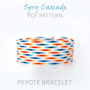 Peyote-patroon met kinetische kunst voor een watervalarmband, abstracte digitale regenkralenmanchet, modern blauw en oranje sieradenontwerp