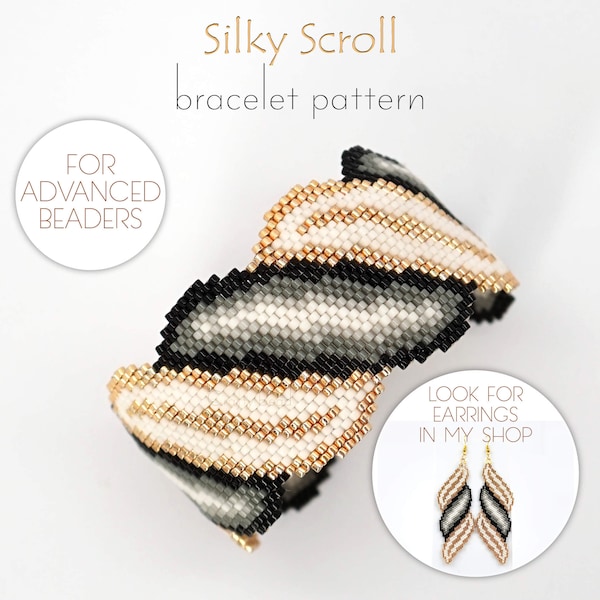 Beading pattern for Delica bracelet with shiny gold, white and black spiral scroll. Bold and fashion-forward design for advanced beaders!