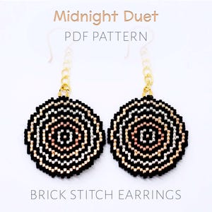 Runde Medaillons Ohrringe mit Ziegelmuster - schwarz & kupfer metallic Party Perlenmuster (PDF download)