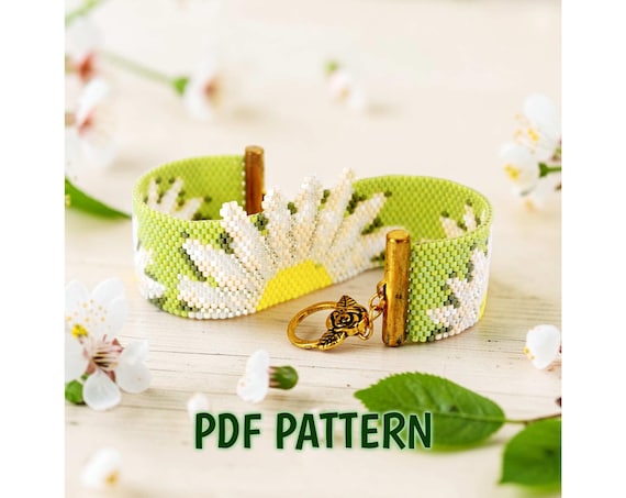 Daisy Flower Peyote Bracelet Pattern with Protruding Petals, Fun Spring Floral Cuff Design, Easy Combined Stitches DIY Jewelry