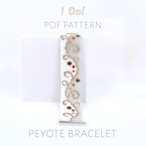 May include: A white peyote bracelet with a floral design in beige, brown, and teal beads. The bracelet is displayed on a white surface. Text on the image reads "I Do! PDF PATTERN PEYOTE BRACELET".