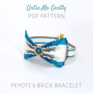 Blue bow bracelet beading pattern - 3d peyote & brick stitch ribbon cuff design (PDF download)