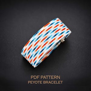 Kinetic Art Peyote Pattern for a Waterfall Bracelet, Abstract Digital Rain Beaded Cuff, Modern Blue and Orange Jewelry Design