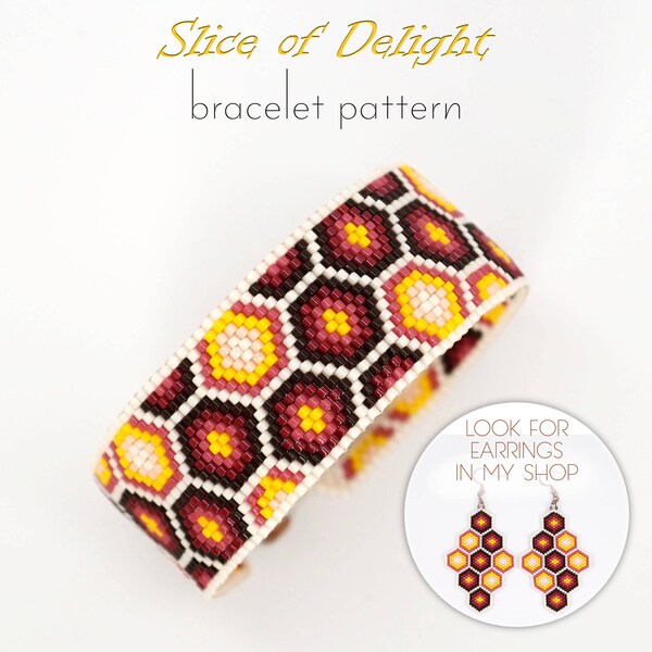 Beading pattern for Miyuki bracelet with organic form of honeycomb in mixed honey shades. Great way to develop odd count peyote skills.