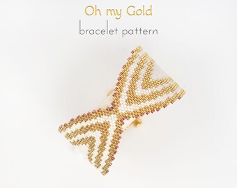 Digital pattern for elegant peyoted bracelet shaped with brick stitch. Fancy and stylish, original design with classic white and gold beads