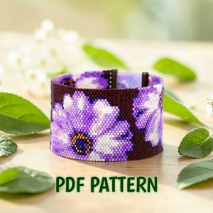 Artistic Peyote Bracelet Pattern with Painterly African Daisies, Violet Botanical Garden Cuff Design, Floral Art Jewelry Project