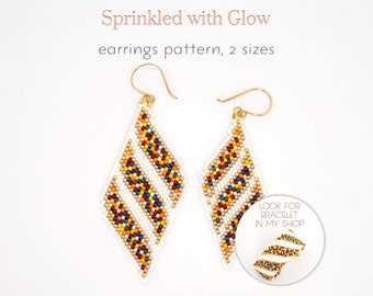 Peyote pattern for Miyuki earrings with mosaic ribbons design and pinch of gold beads. Elegant and playful wedding jewelry.