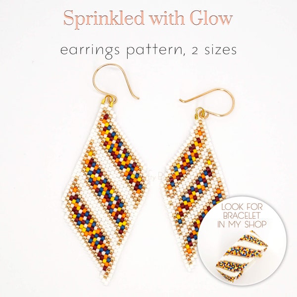 Peyote pattern for Miyuki earrings with mosaic ribbons design and pinch of gold beads. Elegant and playful wedding jewelry.