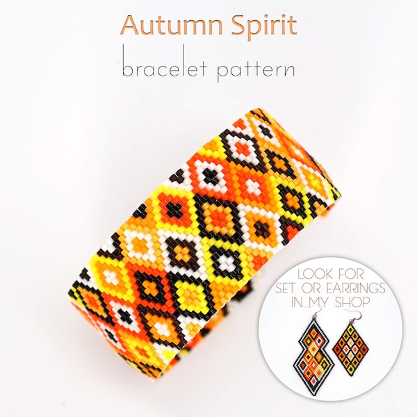 Odd count peyote bracelet pattern with orange patchwork diamonds shapes. Vibrant autumn colors and geometric, symmetrical beading design.