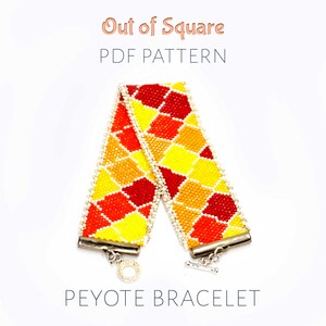 60年代のモッズハーレクインデザイン、赤と黄色の鮮やかなカラースクエアカフ、ループエッジの無料チュートリアルを備えたポップアートペヨーテブレスレットパターン