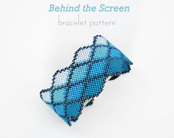 Beading pattern for modern ombre bracelet made with peyote and brick stitch. Make something conspicuous in a blue wavy style.