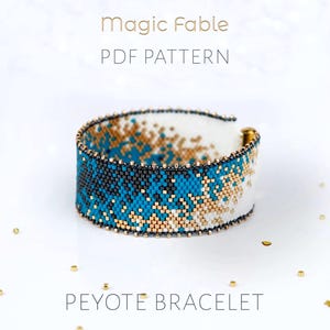 Magic Stardust Peyote Stitch Pattern, Glamorous Blue Gold Ombre Bracelet, Abstract Beadweaving Design for New Year's Eve Party Cuff