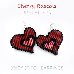 Goth heart brick stitch earrings pattern - dark Valentines beadwork in red & black (PDF download)