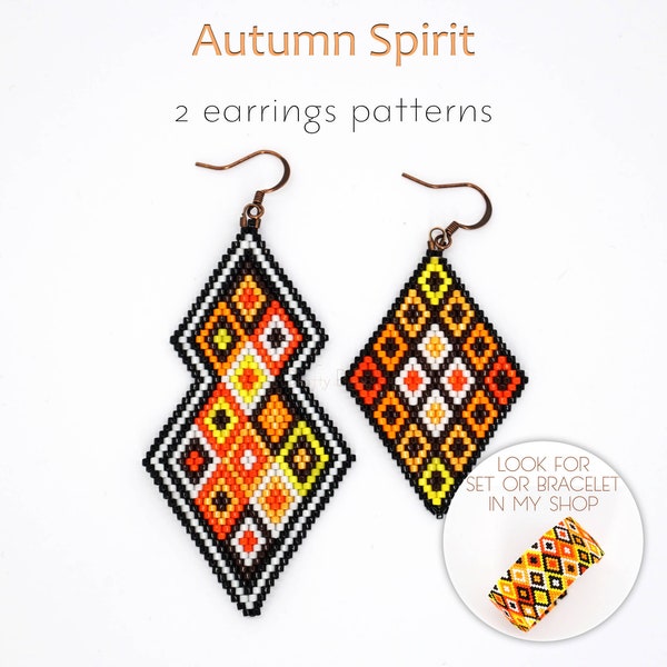 Two brick stitch earrings patterns with orange patchwork diamonds shapes. Vibrant autumn colors and geometric, symmetrical beading design.