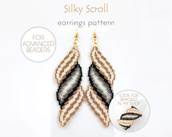 Beading pattern for Delica earrings with shiny gold, white and black spiral scroll. Bold and fashion-forward design for advanced beaders!