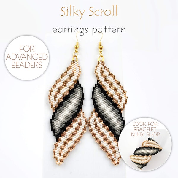 Beading pattern for Delica earrings with shiny gold, white and black spiral scroll. Bold and fashion-forward design for advanced beaders!