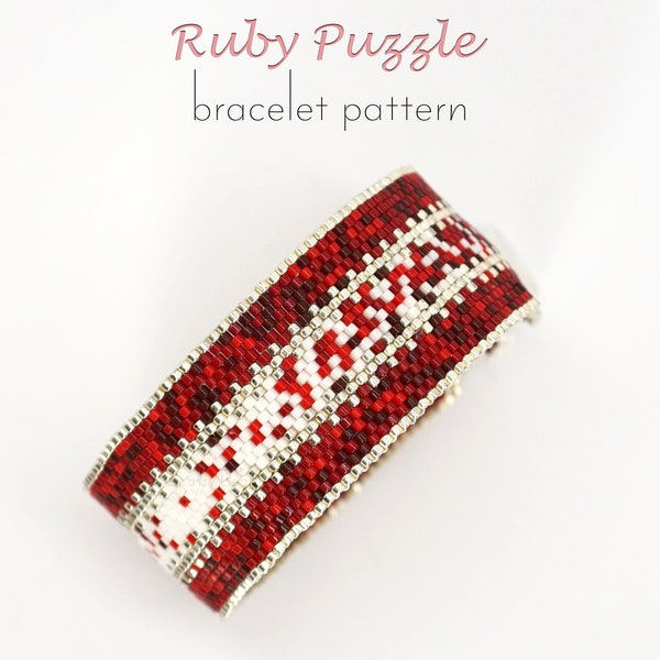 Pdf peyote bracelet pattern for eye catching red mosaic highlighted by silver. Perfect statement jewelry for self-confident women.