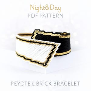 Overlapping Peyote & Brick Stitch Bracelet Pattern, Gold Black and White Minimalist Cuff, Unique Geometric Design for Advanced Beaders