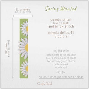 Pu&ograve; includere: Uno schema digitale per un braccialetto di perline con un design a margherita. Lo schema &egrave; realizzato con perline Miyuki Delica 11 e utilizza il punto peyote e il punto a mattoni. Lo schema include un file PDF con istruzioni e grafici.