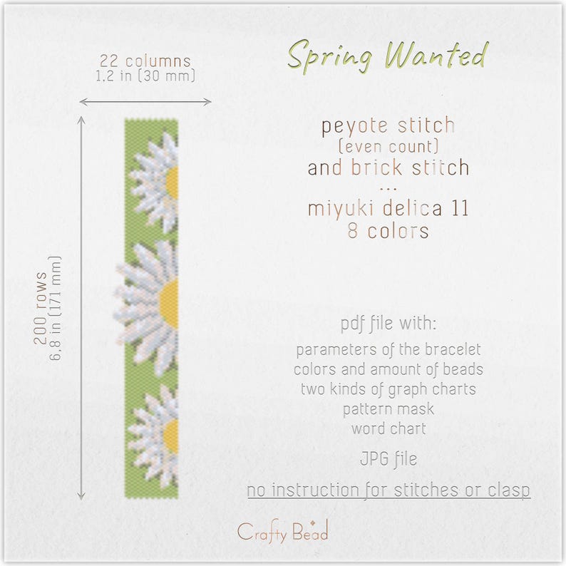 Pu&ograve; includere: Uno schema digitale per un braccialetto di perline con un design a margherita. Lo schema &egrave; realizzato con perline Miyuki Delica 11 e utilizza il punto peyote e il punto a mattoni. Lo schema include un file PDF con istruzioni e grafici.