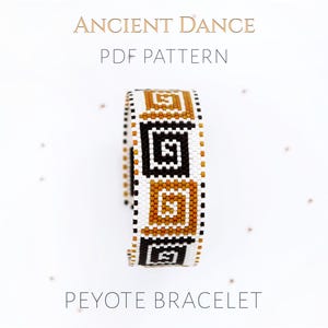 Ancient Greek Peyote Bracelet Pattern, Sunny Colors Meander Spiral Cuff Chart, Terracotta Tones Beading Design for Beginners