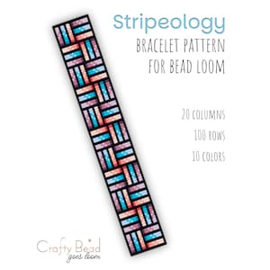 Peut inclure: Un motif de bracelet pour métier à tisser perlé avec un motif géométrique en bleu, rose et noir. Le texte indique "Stripeology" et "Bracelet Pattern for Bead Loom". Le motif comporte 20 colonnes, 100 rangées et 10 couleurs.