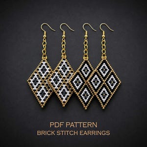 2-in-1 gold grid brick stitch earrings patterns - geometric white & gold easy beading (PDF download)