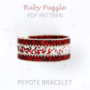 Ruby Red & White Folk Art Peyote Bracelet Pattern, Beaded Statement Cuff with Puzzle Mosaic, Nordic Style Beadweaving Chart