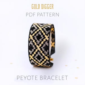 Patrón de pulsera Art Déco de punto peyote: proyecto de cuentas con cuadros geométricos negros y dorados (descarga en PDF)