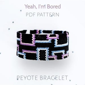 Blue and Purple Geometric Peyote Bracelet Pattern with Overlapping Squares, Modern Graphic Cuff in Blue shades, Cool beading pattern