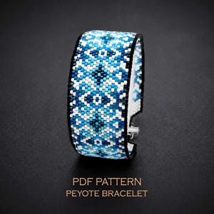 Odd count peyote beaded bracelet pattern – blue mosaic geometric tile cuff / PDF pattern