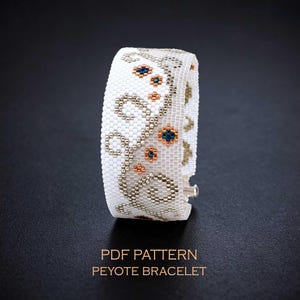 ペヨーテブレスレットのパターン – 花柄のつる模様、白とシルバーのウェディングジュエリー / PDFパターン