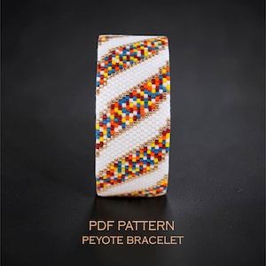 May include: A peyote bracelet featuring a repeating diagonal pattern of white beads alternating with rows of multi-colored beads in red, yellow, blue, and orange. The text PDF PATTERN PEYOTE BRACELET is printed in light orange below the bracelet.