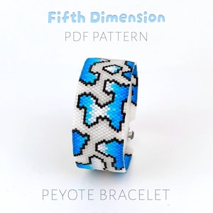 May include: A beaded peyote bracelet with a blue and white geometric pattern. The bracelet is made of small beads and has a silver clasp. The text "Fifth Dimension PDF Pattern" and "Peyote Bracelet" are visible.