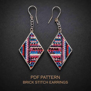 Patchwork brick stitch earrings eattern - leftover stash knitted diamond-shaped colorful beading (PDF download)