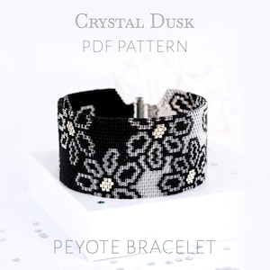 Blumenspitze Peyote Muster für Monochrome Armspange, Schwarz und Kristall Perlenweben Diagramm, Tag zu Nacht Schmuck Design PDF