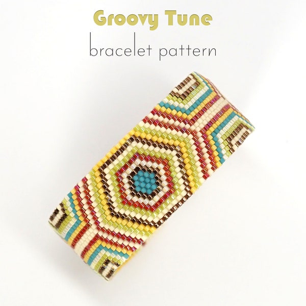Peyote pattern for bracelet with colorful 70s bohemian chic style. Cool and groovy retro design will enhance your vintage look.